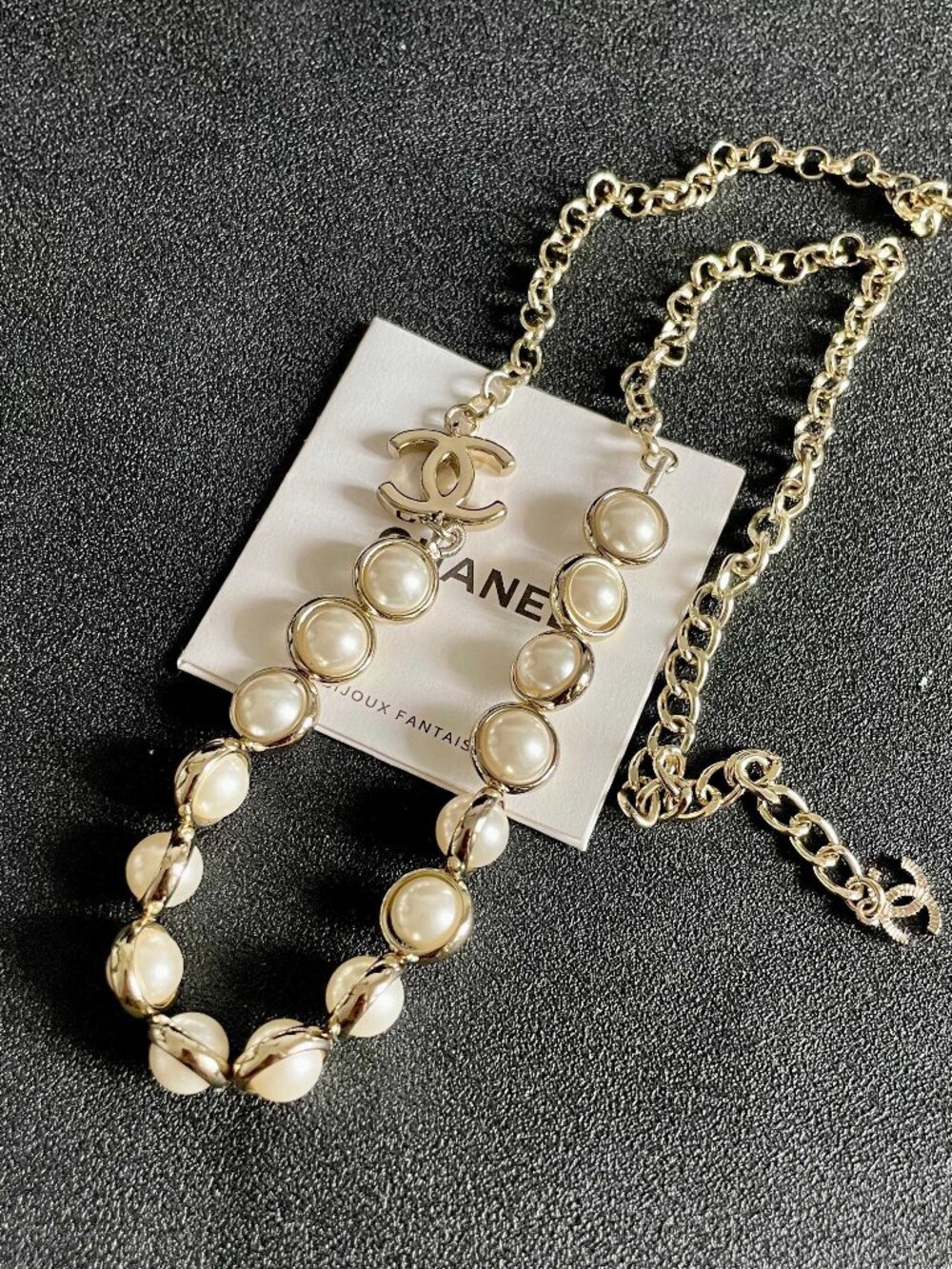 Chanel Timeless CC Logo Pearl Chain Necklace, Gold